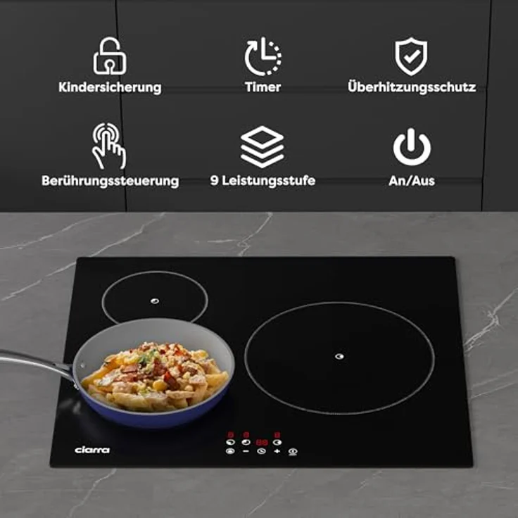 CIARRA CABBIH3-F Induktionskochfeld 60 cm, Einbaukochfeld mit 3 Platten, Touch-Bedienung, 9 Leistungsstufen, Timer, abschaltautomatisch, Restwärmeanzeige, Kindersicherung – Bild 3