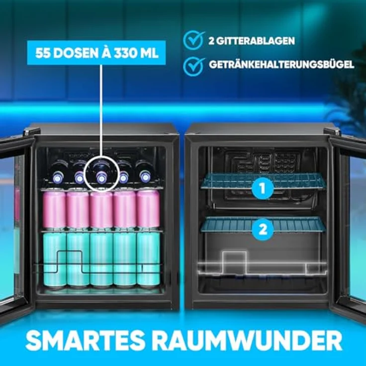 Bomann Getränkekühlschrank KSG 7291 | Mini Kühlschrank Glastür für bis zu 55 Dosen, leise (42db) | 2 Ablagen, 46L, für Büro, Outdoor und Gaming – Bild 2