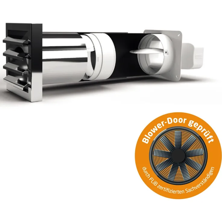 Airtec Flachrohr 222x89mm Teleskopmauerkasten 350-680mm Lüftertür, magnetische Rückstauklappen, Edelstahl-Lüftungsgitter, Thermozone, Blower-Door zertifiziert