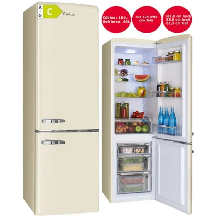 Amica Retro Kühl-Gefrierkombination 244 L EEK C freistehend 55cm breit (Beige) – Bild 2
