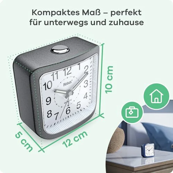Mebus Quarzwecker 56988, geräuscharm ohne Ticken, Leuchtzeiger, Alarm mit Weckwiederholung und Snooze, Zifferblatt-Beleuchtung auf Knopfdruck, Farbe: Grau-Silber – Bild 4