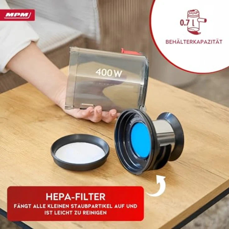 MPM Akku-Stielstaubsauger mit Digitaldisplay & Handstaubsauger 29,2V/250W - Intelligenter Staubsensor - Akku Staubsauger Kabellos - Staubsauger ohne Beutel - Inkl. Wandbefestigung System & Zubehörset, Silber – Bild 4