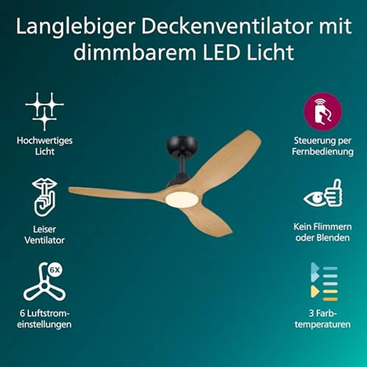 Philips Olas Deckenventilator, 52" mit 24 W LED-Licht, DC-Motor, dimmbar, Farbtemperatur (3000 K, 4300 K, 6500 K), Schwarz/Holz, inkl. Fernbedienung – Bild 2