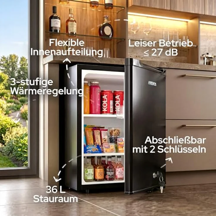 Arebos Getränkekühlschrank AR-HE-MKS40, 40L, kompakt, 3-Stufen Thermostat, abschließbar, schwarze Front, leiser Betrieb – Bild 2