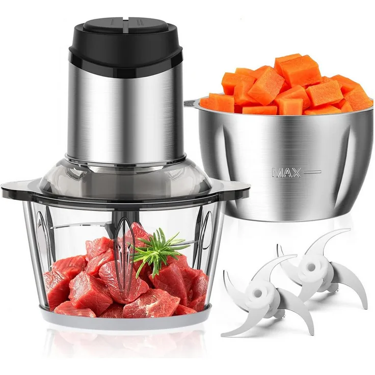 TUWENA Zerkleinerer 2L+2L, Elektrischer Universalzerkleinerer mit Edelstahlklingen für Fleisch, Obst und Gemüse, durchsichtiger Deckel, rutschfester Gummiring