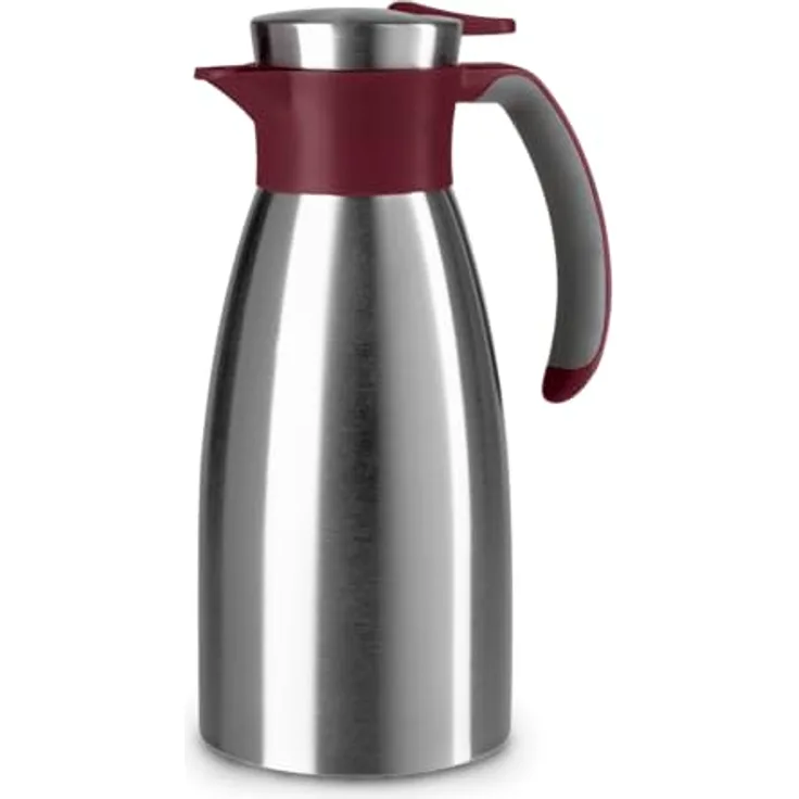 Emsa Soft Grip Isolierkanne, 1 Liter, Edelstahl, 12 Stunden heiß + 24 Stunden kalt, Auslaufsicher, Rutschfester Griff, Farbe Weinrot, N4120200