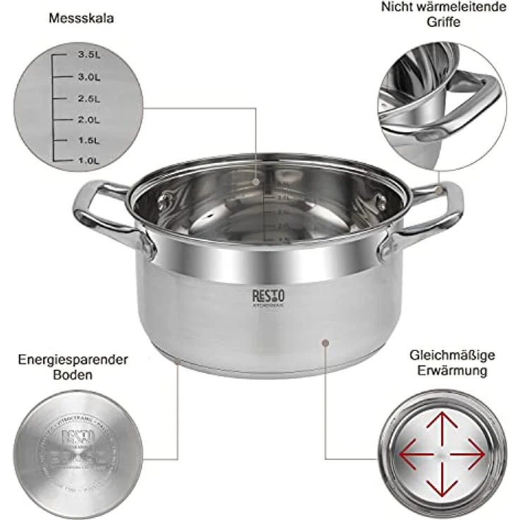 RESTO Edelstahltopf 22cm - Suppentopf, Universaltopf 3,5l - Schmortopf mit Deckel - Topf für alle Herdarten auch Induktion - beschichteter Topf mit hitzebeständigem Glasdeckel, Messskala – Bild 3