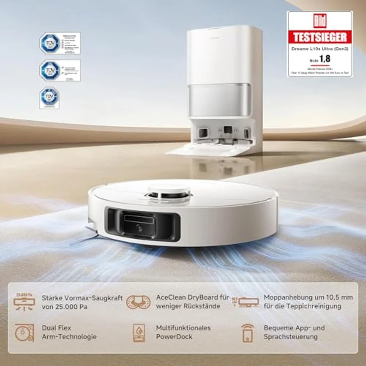 Dreame L10s Ultra Gen3, Staubsauger Roboter mit Wischfunktion, 25KPa Saugleistung, Haustiermodus, selbstreinigende All-in-One Dock, Teppichreinigung – Bild 3