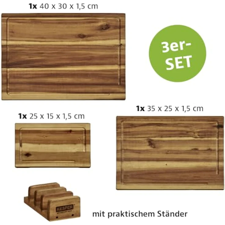 KESPER 3er Set Schneidebrett aus Akazie mit Saftrille, Maße: 40 x 30 x 1,5cm, Braun – Bild 5
