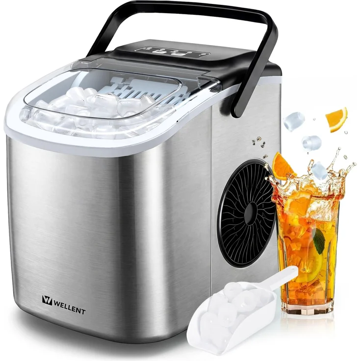 WELLENT Tragbarer Eiswürfelmaschine, 9 Eiswürfel in 6 Min, 12 kg/24 Std, Edelstahl, 2 Eiswürfelgrößen, selbstreinigend für Zuhause, Küche, Büro