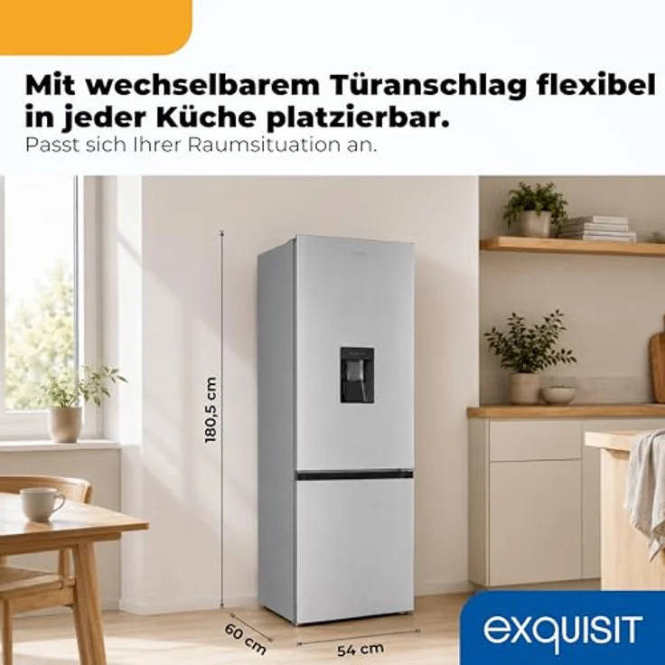Exquisit Kühl-Gefrierkombination KGC5265-70-NF-WS-040C, 251 l, No Frost, Wasserspender, Energieklasse C, leise 39 dB, inoxlook, schmal 54 cm – Bild 3
