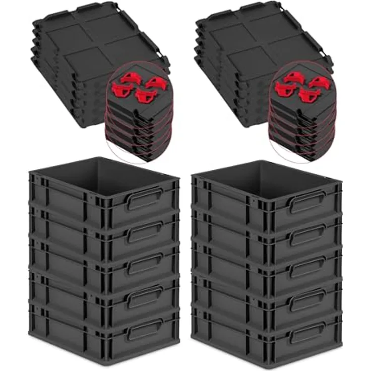 PROREGAL Eurobox NextGen Grip, SparSet 10x, 11L, Schwarz, mit Auflagedeckel & 4 roten Schiebeschnappverschlüssen, HxBxT 12x30x40cm, robust und umweltfreundlich