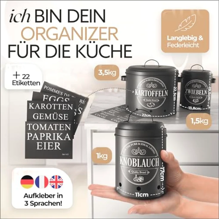 IDEALTASTIC® Premium Kartoffel Aufbewahrungsbox Set [3 Stück] | 360° Belüftungssystem für maximale Frische | Ideal für Kartoffel, Zwiebel und Knoblauch Aufbewahrung | Robust und langlebig – Bild 2