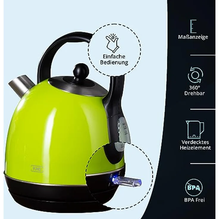 KHG Kessel-Wasserkocher WK-1711 Retro, Edelstahl, grün, 1,7 Liter, 2200 Watt, abwaschbarer Kalkfilter, Trockengehschutz, Abschaltautomatik, verdecktes Heizelement, BPA-frei – Bild 4