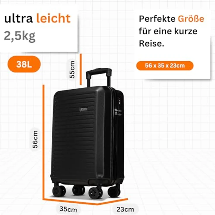 NOWI Handgepäck Koffer M 38L – Hartschalen-Trolley mit Zahlenschloss und 4 Doppelrollen, ultraleicht – schwarz – Bild 3