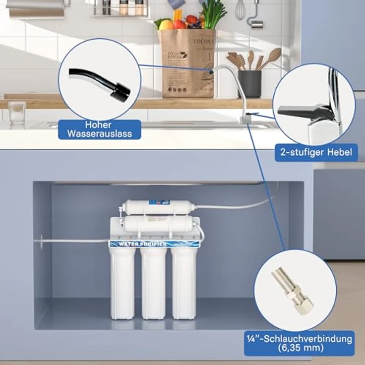 Naturewater NW-PR305 5 Stufen Wasserfilter, 5 µ, PP Kartusche, Untertischfilter Wandhalterung, Filterschlüssel, Sedimentfilter Aktivkohle, Wasserhahn, 2,5m Schlauch, Kurzdreiwegeventil, Kugelhahn – Bild 5