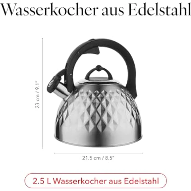 Florina Fenny Satin Wasserkessel Induktion 2,5 L Flötenkessel aus Edelstahl mit Cool-Touch-Griff und integrierter Pfeife – Bild 2