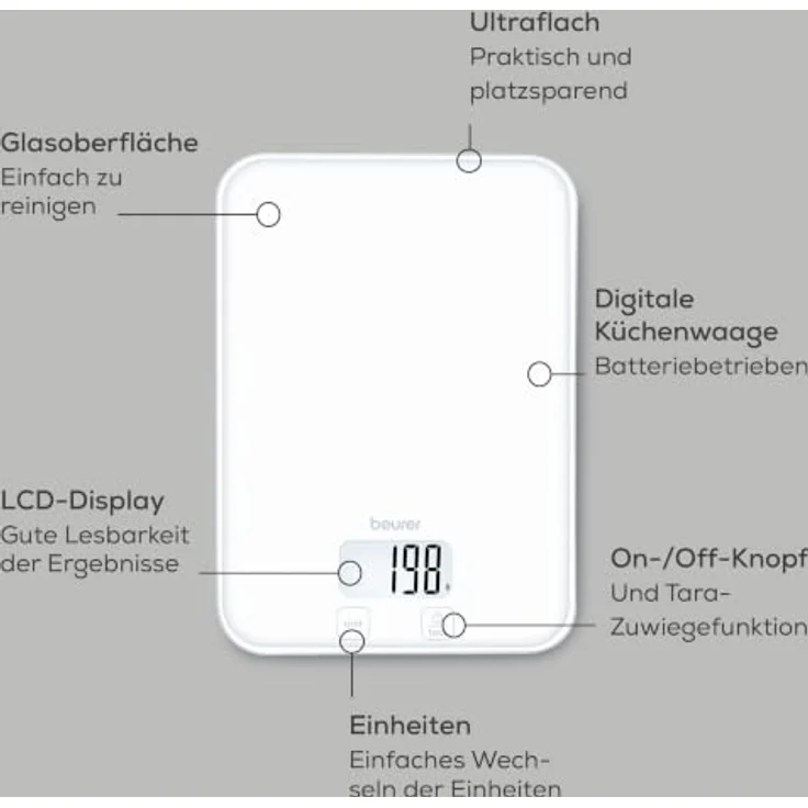 BEURER Küchenwaage KS 19 Pure White, Digitale Küchenwaage bis 5kg, 1-g-Genauigkeit mit Sensor-Touch-Panel – Bild 6