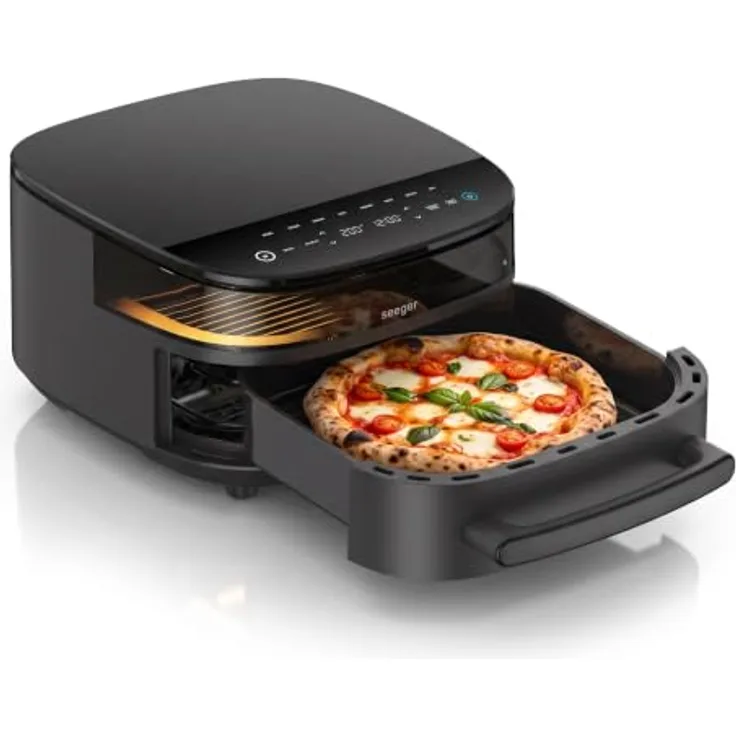 Seeger SpaceFry XXL Heißluftfritteuse, 6L, Airfryer mit Sichtfenster, 11 Garprogramme, 80-230 °C, PFAS-frei, Pizzaofen