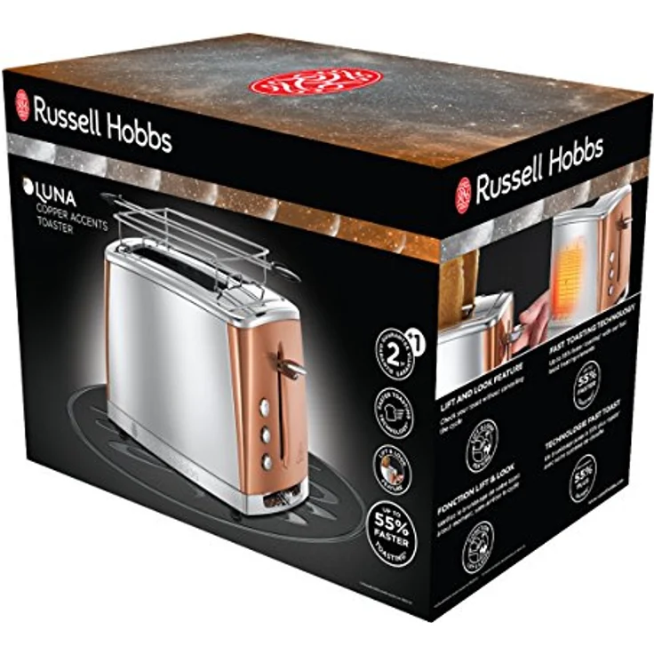 Russell Hobbs Toaster Luna Edelstahl-Kupfer, inkl. Brötchenaufsatz, 6 einstellbare Bräunungsstufen + Auftau- & Aufwärmfunktion, Schnell-Toast-Technologie, 1550W, 24290-56 – Bild 2