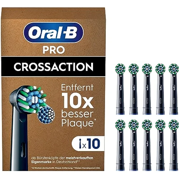Oral-B Pro CrossAction Aufsteckbürsten für elektrische Zahnbürste, 10 Stück, Zahnreinigung, X-Borsten, Original Oral-B Zahnbürstenaufsatz, briefkastenfähige Verpackung, Made in Germany, schwarz