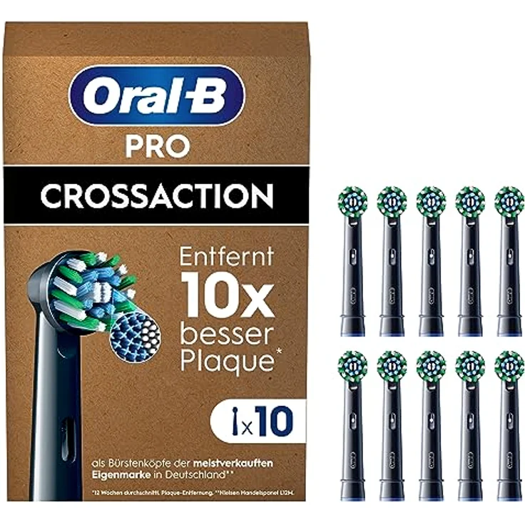 Oral-B Pro CrossAction Aufsteckbürsten für elektrische Zahnbürste, 10 Stück, Zahnreinigung, X-Borsten, Original Oral-B Zahnbürstenaufsatz, briefkastenfähige Verpackung, Made in Germany, schwarz – Bild 1