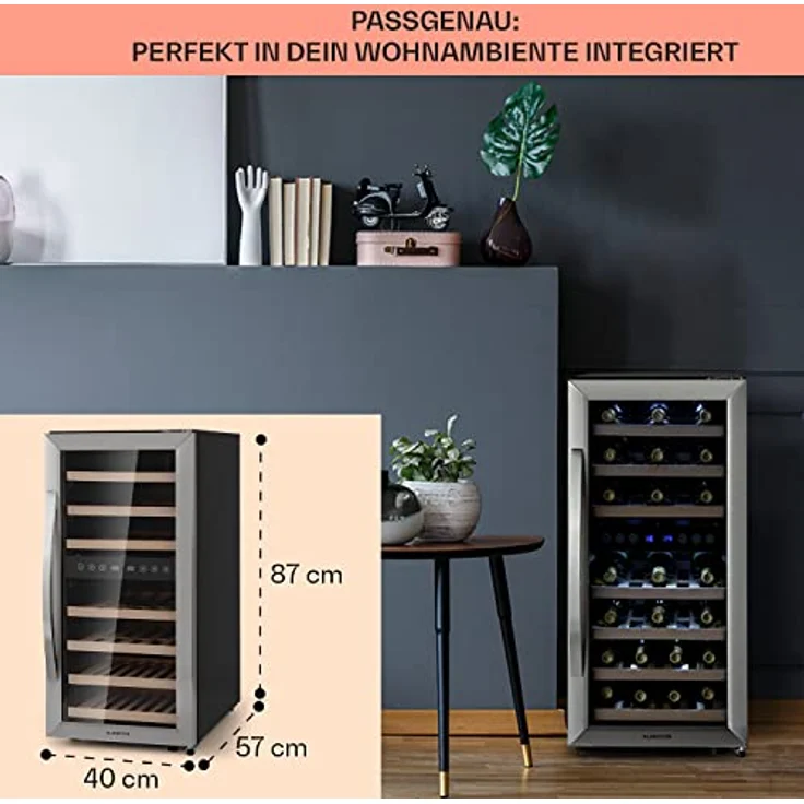 Klarstein Vinamour 33 Duo Weinkühlschrank, freistehend, silber, 33 Flaschen, 2 Temperaturzonen, 5-18°C, Touch, Energieklasse F – Bild 7