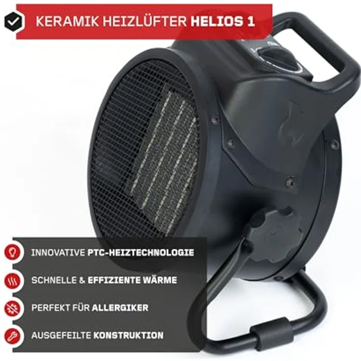 FEISTOS Heizlüfter Helios 2000 | 2000 Watt | 22x14x25cm Keramik | Heizstrahler mit PTC-Heiztechnologie für effektives Erwärmen | 3 Heizstufen mit Kaltluftoption & Überhitzungsschutz | Infrarotheizung, Geschirr, Zwangsluft, Bodenmontage, Kabelgebunden – Bild 2