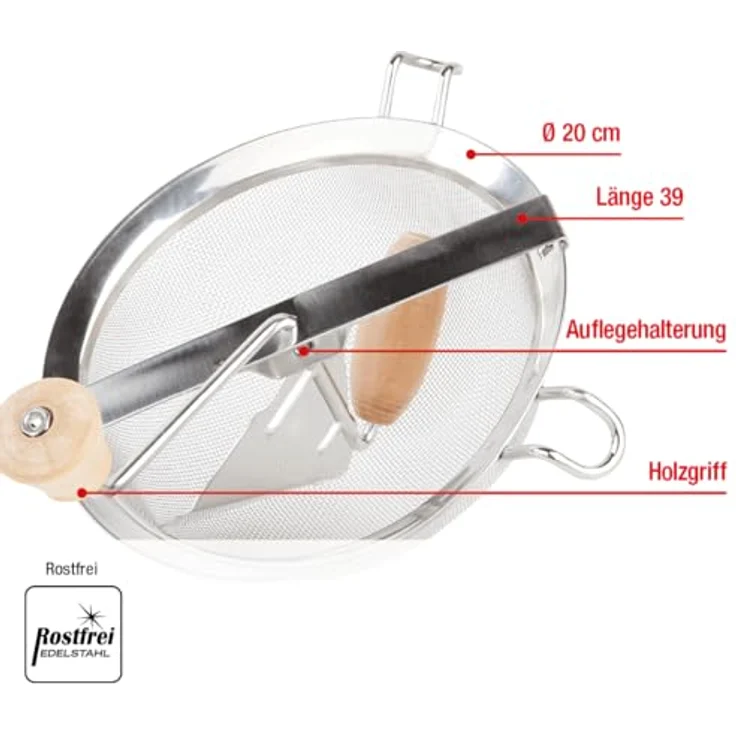 EUROHOME Passiermaschine Edelstahl, manuelle Tomatenpresse mit abnehmbarem Rührwerk und feinem Küchensieb Ø20 cm für glatte Soßen und Suppen – Bild 2