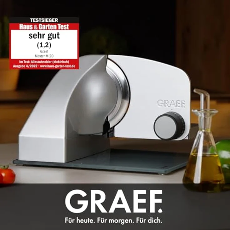 Graef M20EU Allesschneider 170W, inkl. MiniSlice-Aufsatz, Moment- und Dauerschalter, 170 mm, glattes, durchgehärtetes Vollstahlmesser, 20 mm Schnittstärke, Edelstahl, silber  – Bild 4