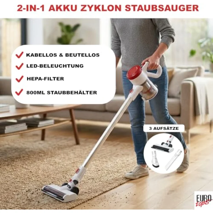 EUROtops Akku-Zyklon-Staubsauger, kabellos mit HEPA-Filter, LED-Bodenbürste, Handstaubsauger-Funktion, 22,2 V Akku, beutellos - Weiß – Bild 2