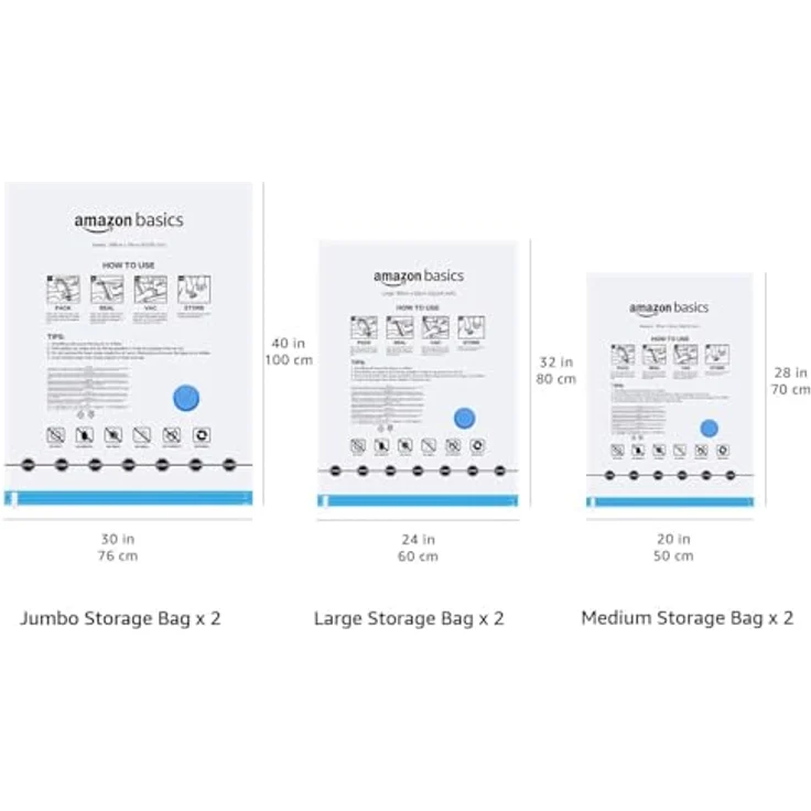Amazon Basics Vakuumkompressions-Aufbewahrungsbeutel, 6er-Pack mit Handpumpe, 2 x Jumbogröße, 2 x Größe L, 2 x Größe M, transparent, platzsparend und wiederverwendbar – Bild 5