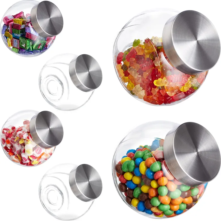 Relaxdays Bonbongläser 6er Set 1,5 L, Süßigkeitenbehälter mit Edelstahl-Deckel, Transparent/Silber