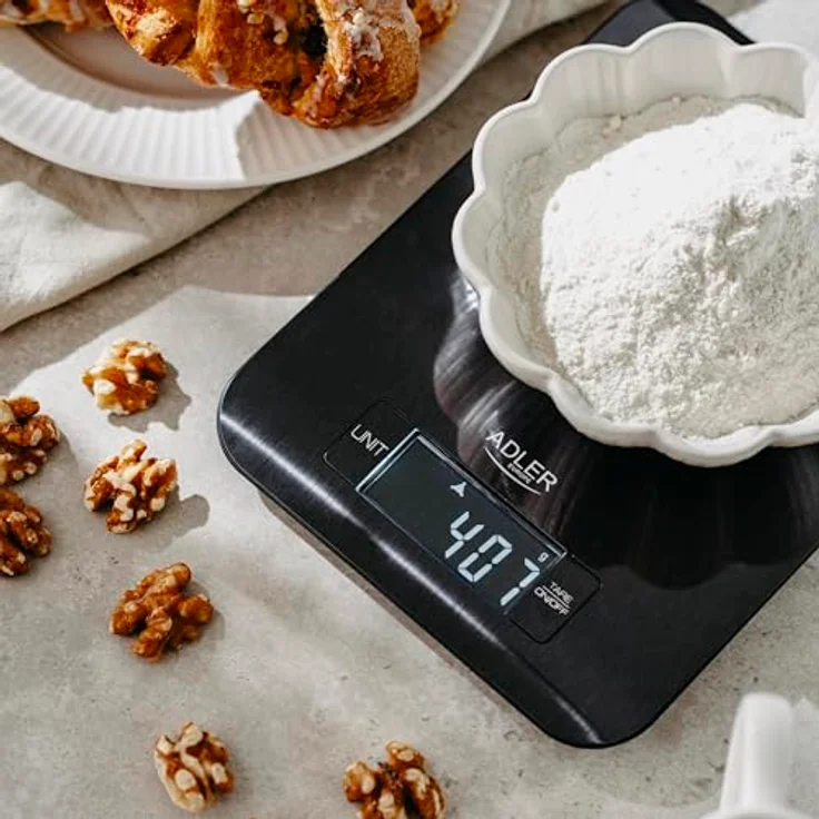Adler Küchenwaage AD 3183, digitale Haushaltswaage mit LCD Anzeige und Hintergrundbeleuchtung, schwarz, 5kg Kapazität, Edelstahl-Plattform – Bild 2