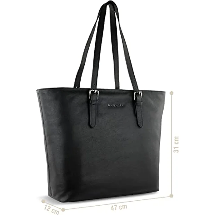 Bugatti Bella Shopper, geräumige Einkaufstasche aus Rindleder mit gepolstertem Laptopfach, schwarz – Bild 2