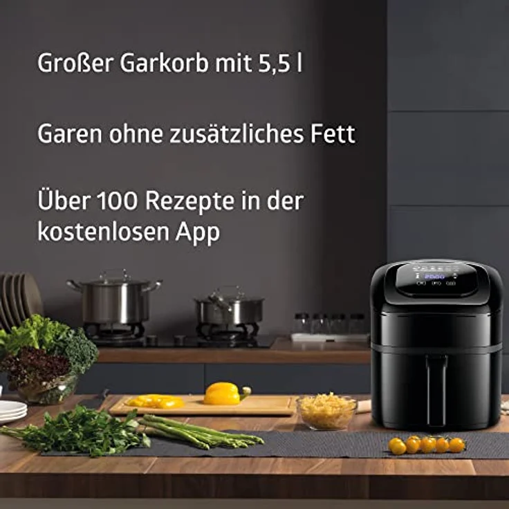 es Smart Home Heißluftfritteuse, 1800 Watt, 5,5 Liter, ohne Fett, per App steuerbar, schwarz – Bild 3