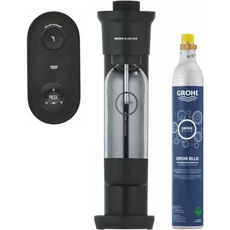 GROHE Blue Fizz Advanced - Wassersprudler Set (mit CO2-Füllstandsanzeige, 3 einstellbare CO2 Stufen, 1xCO2 Flasche, 1x 0,85l Wasserflasche + Reinigungspulver), schwarz, 31947K00