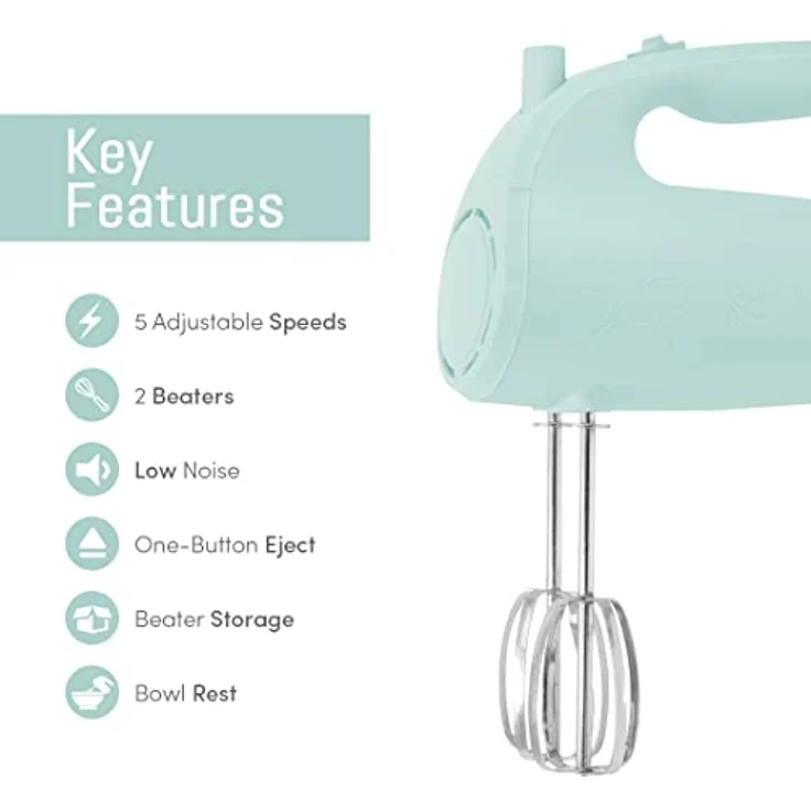 Elite Gourmet EHM003M Ultra Power Electric 5-Speed Kitchen Hand Mixer with 2 Extra Wide Stainless Steel Smooth Creamy Whipped Mixtures Plus Convenient, Beater Storage, Mint Blue – Bild 3