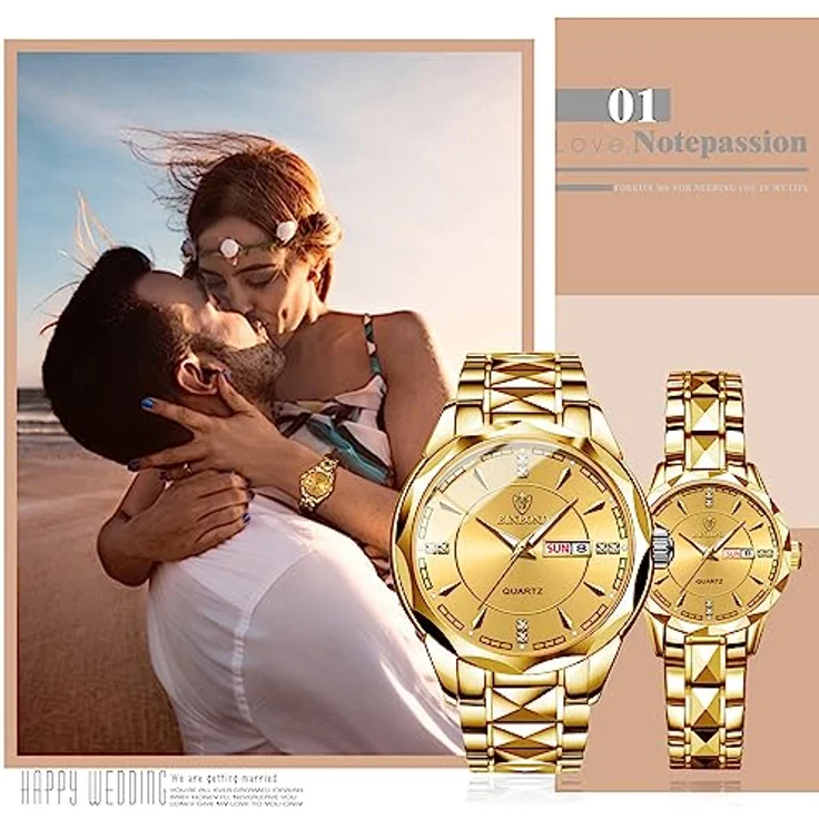 JewelryWe Paar Uhren Edelstahl, 2er Set Gold Analog Quarz Armbanduhr mit leuchtenden Zeigern, Datum/Wochenanzeige, 30m wasserdicht, für Herren und Damen – Bild 4