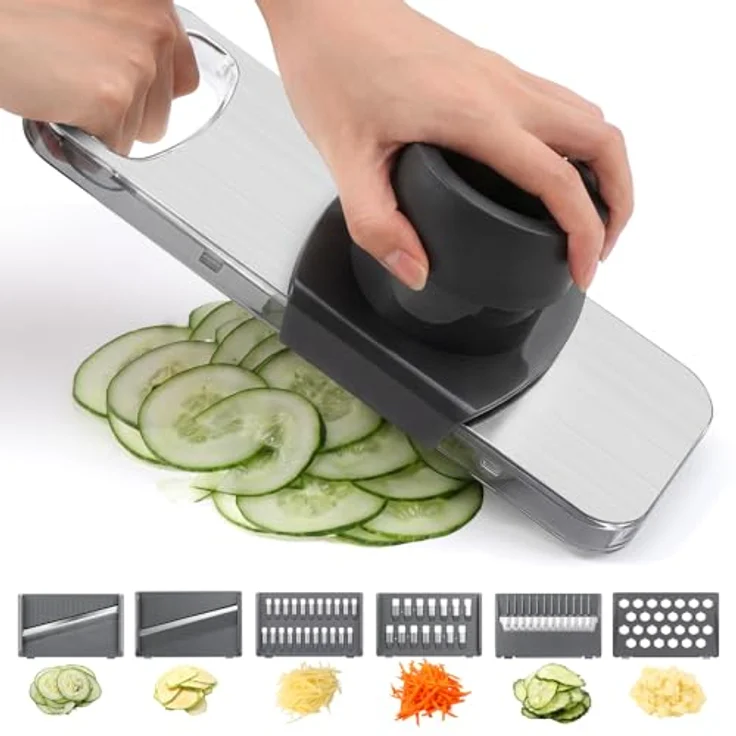 Oderra Gemüsehobel Edelstahl mit 6 austauschbaren Klingen, 360° Handschutz und Aufbewahrungsbehälter für einfache Reinigung – Bild 1