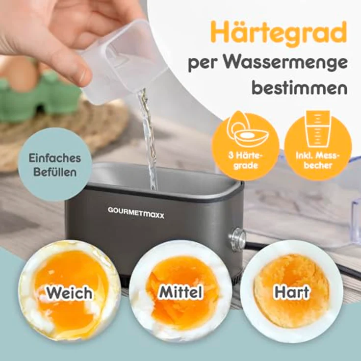 GOURMETmaxx Eierkocher Anthrazit für 2 Eier, Egg Boiler mit Eierstecher, 3 Härtegrade, spülmaschinenfeste Teile, kompakt und platzsparend – Bild 4