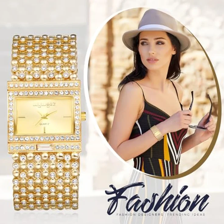 JewelryWe Damenuhr Glitzer Rechteckig Uhr: Goldene Bling Strass Analog Quarz Armbanduhr mit breitem Metallarmband und Eckigem Zifferblatt – Bild 2