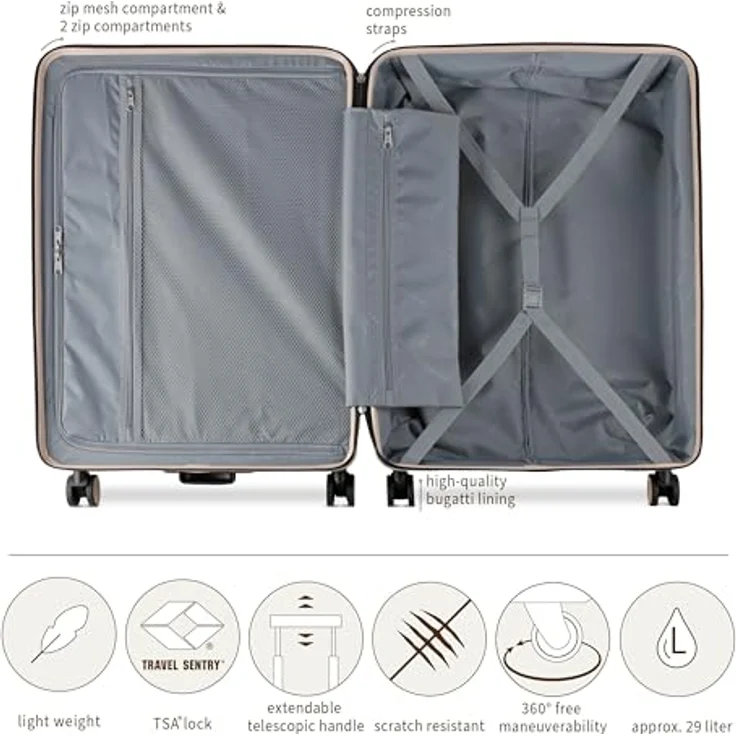 bugatti Linea 4 Rollen Kofferset, 3-teilig, beige, 100% Polycarbonat, 52 cm x 29 cm x 76 cm – Bild 5