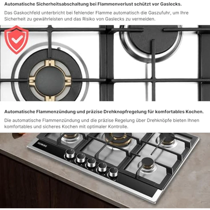 KB ELEMENTS Gaskochfeld Eternity Line 70 cm, 5 flammig, Vollkupfer-Brenner, 304 Edelstahlgehäuse, Wok-Dreifachbrenner, LPG/NG, automatische Sicherheitsabschaltung – Bild 5