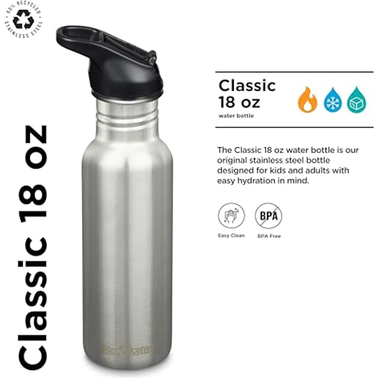 Klean Kanteen Classic Edelstahl Trinkflasche 532ml mit Flip Sport Cap, auslaufsicher und spülmaschinengeeignet – Bild 2