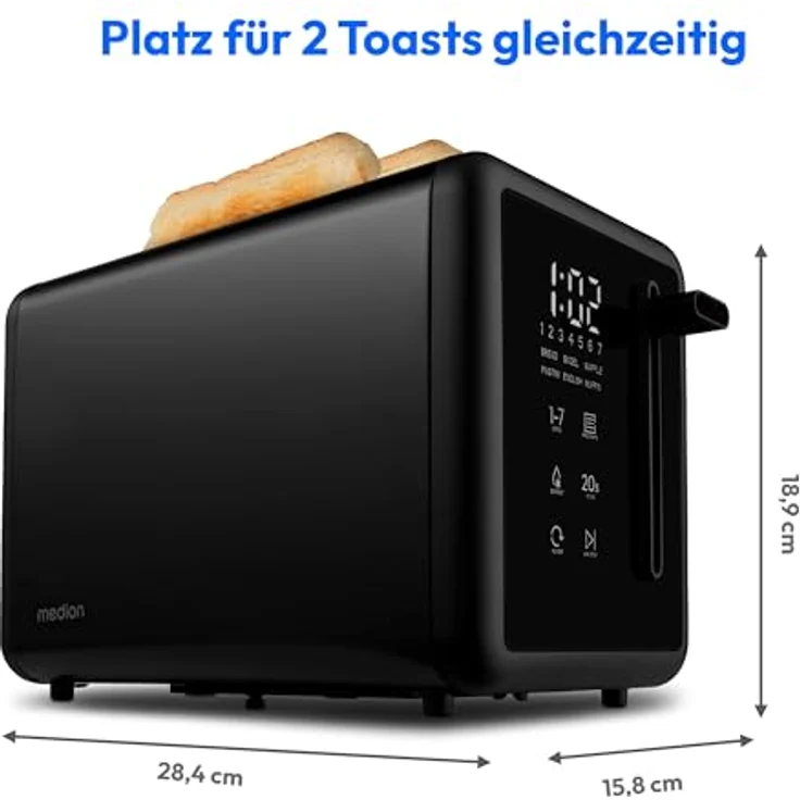 MEDION MD 12102 Toaster 2 Scheiben mit Brötchenaufsatz, 850 Watt, 7 Bräunungsstufen, Edelstahl Matt, schwarz – Bild 2