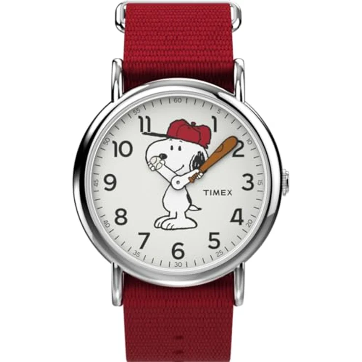 Timex Weekender x Peanuts Snoopy, 38 mm Quarzuhr mit silbernem Gehäuse, weißem Zifferblatt und rotem Nylonarmband, wasserdicht bis 3 bar – Bild 1