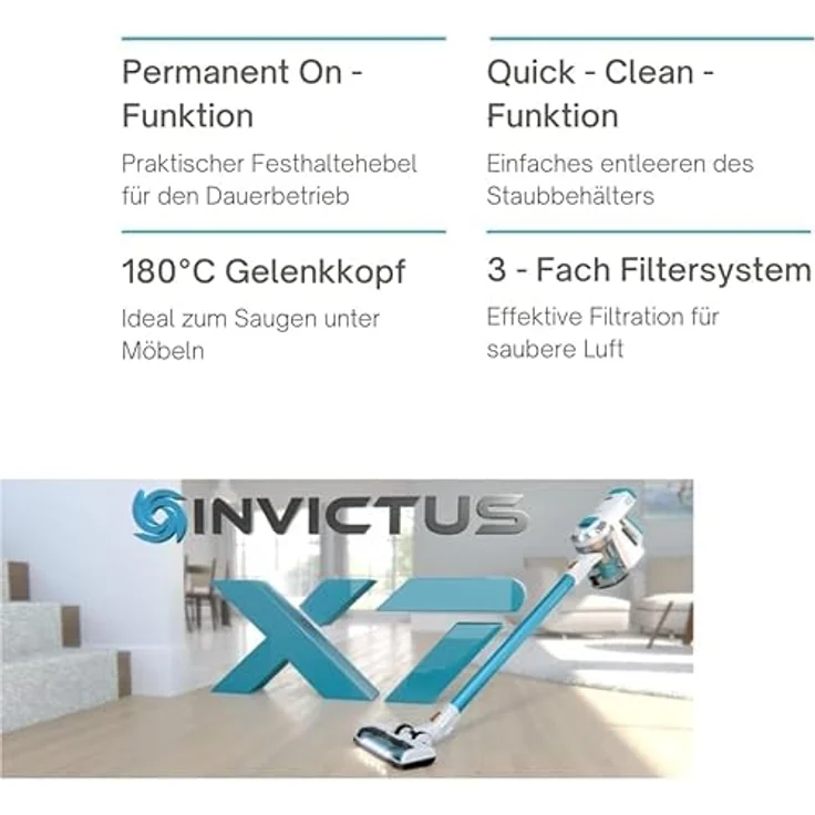 Genius Invictus X7 Akku-Staubsauger (13 Teile) Beutelloser und kabelloser 2in1 Staubsauger mit 380 Watt Saugleistung und integrierten LED-Spot-Lichter, Lithium-Ionen Akku (30 min) – Bild 4