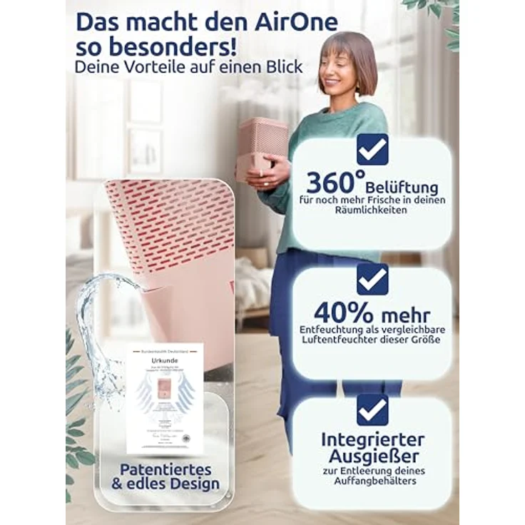 BonAura® AirOne Luftentfeuchter, stromlos bis 23m², 360° Belüftung, inkl. Ausgießer & 680g Granulat, idealer Raumentfeuchter gegen Schimmel – Bild 2