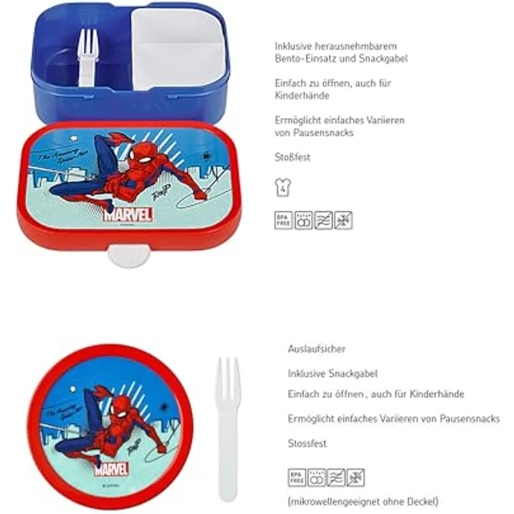 Mepal Kinder Obst- und Bento Box Campus meets Fruits Spiderman | Spülmaschinenfest & BPA-frei | 300 & 750 ml | Mit Fächern, Gabel & Clip-Verschluss | Perfekt für Snacks & Mahlzeiten – Bild 2